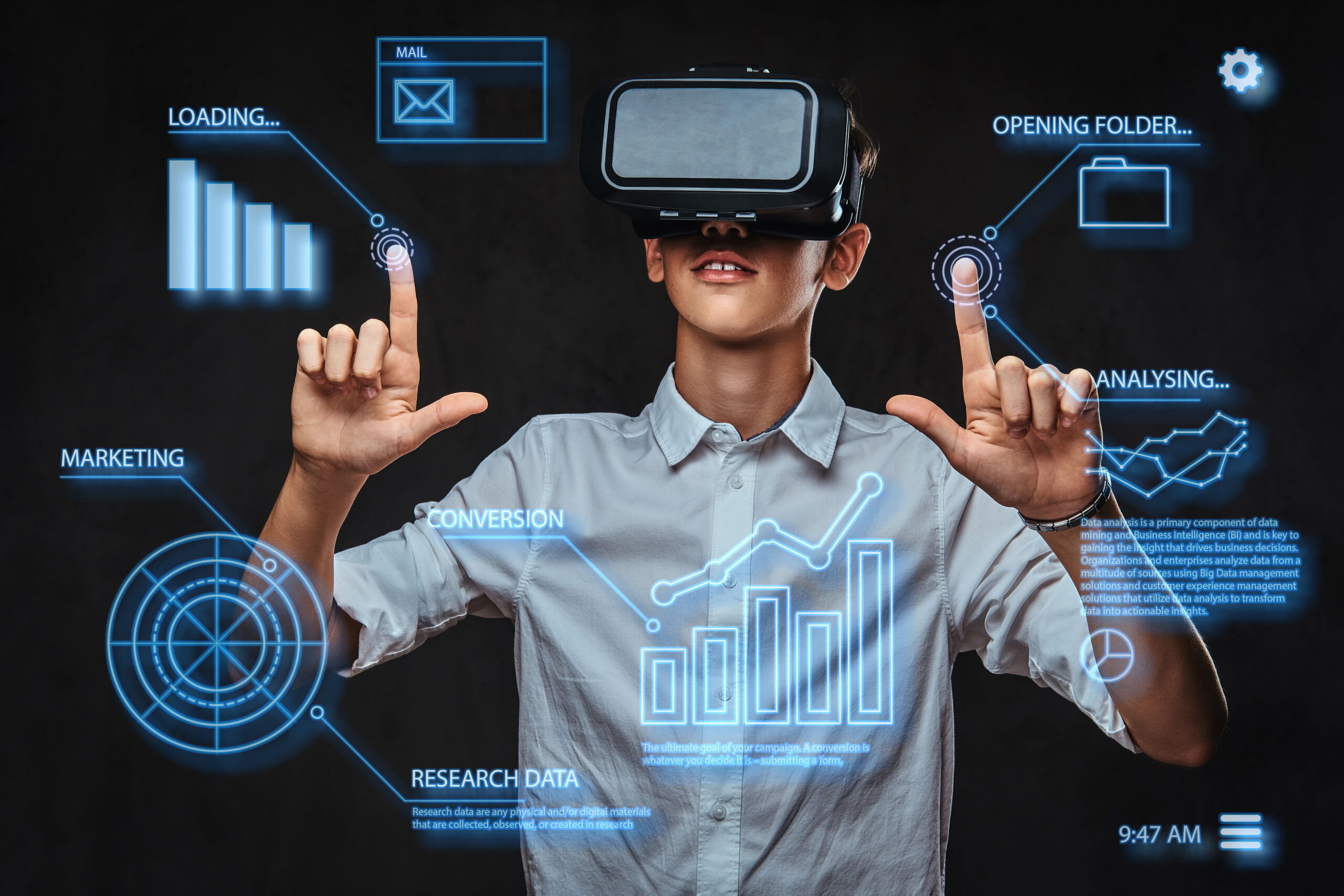 teenager dressed white t shirt using virtual reality glasses with graph charts numbers lines technology concept scaled